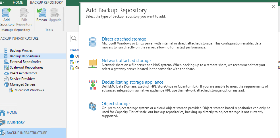 backup repository bölümüne sağ tıklayarak add backup repository