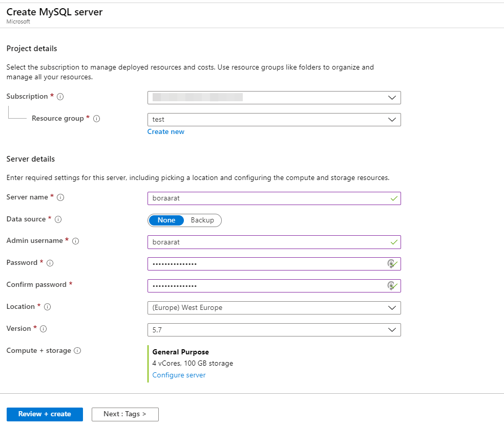 Azure Database for MySQL server oluşturma