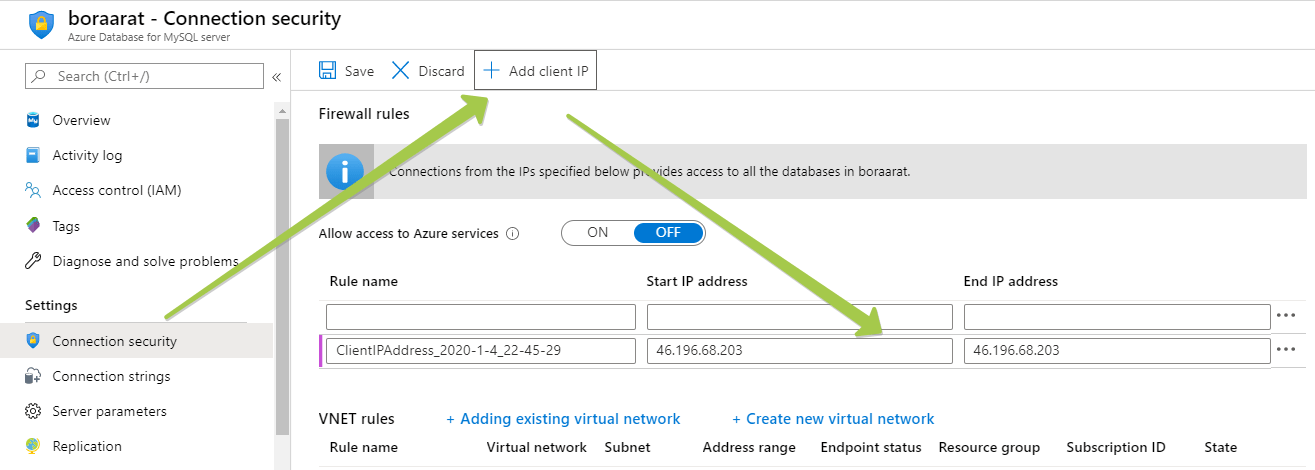 azure database ip ekleme