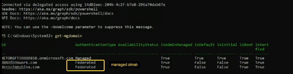 Get-MgDomain çıktısında federated görünen domainler