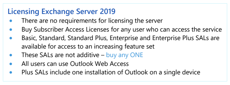 SPLA dokümanından Exchange Server SAL seçenekleri: Basic, Standard, Standard Plus, Enterprise, Enterprise Plus