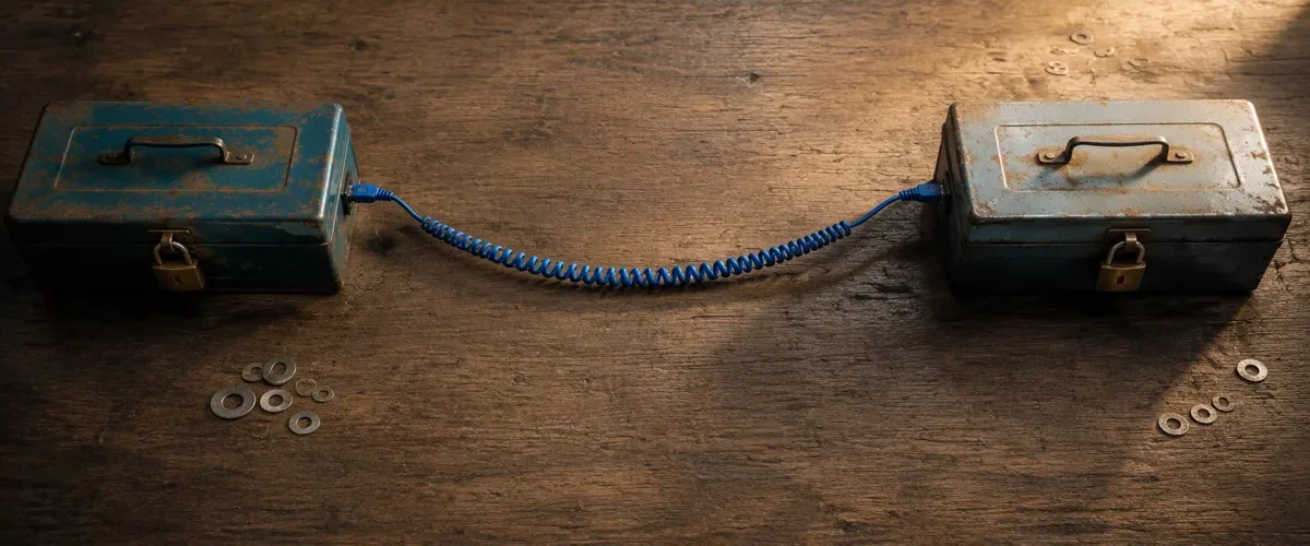 Ahsap tezgah uzerinde iki paslanmis kilitli metal kutu, aralarindaki mavi ethernet kablosuyla birbirine baglanmis