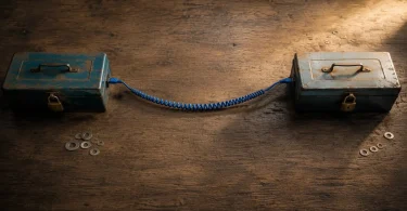 Ahsap tezgah uzerinde iki paslanmis kilitli metal kutu, aralarindaki mavi ethernet kablosuyla birbirine baglanmis