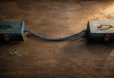 Ahsap tezgah uzerinde iki paslanmis kilitli metal kutu, aralarindaki mavi ethernet kablosuyla birbirine baglanmis