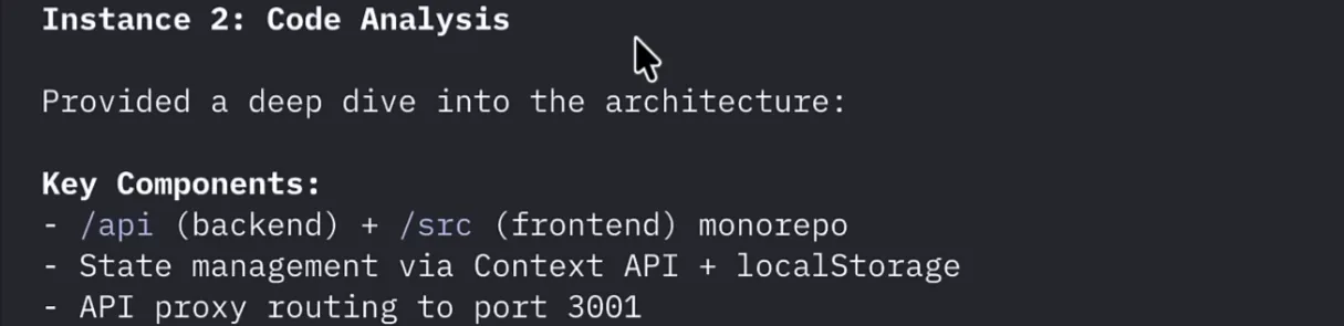 Cmux'ta ikinci alt ajanın kod analizi çıktısı: monorepo yapısı, Context API ile durum yönetimi ve API proxy yönlendirmesi listeleniyor