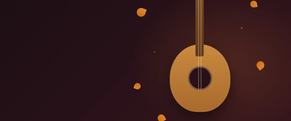 Coco filmini çağrıştıran gitar ve turuncu yapraklardan oluşan illüstrasyon