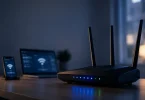 Karanlik bir odada isikli LED gostergeleriyle calisan bir Wi-Fi router, arka planda baglanti simgeleri gosteren telefon ve dizustu bilgisayar ekranlari, DHCP ile ag baglantisi metaforu