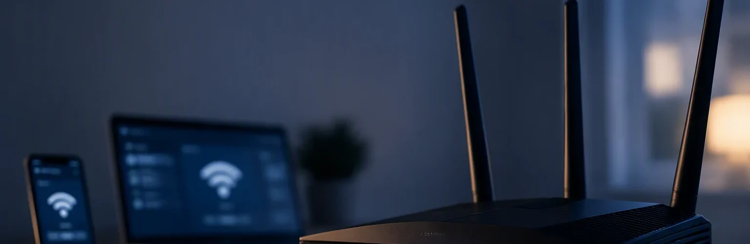 Karanlik bir odada isikli LED gostergeleriyle calisan bir Wi-Fi router, arka planda baglanti simgeleri gosteren telefon ve dizustu bilgisayar ekranlari, DHCP ile ag baglantisi metaforu