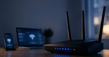 Karanlik bir odada isikli LED gostergeleriyle calisan bir Wi-Fi router, arka planda baglanti simgeleri gosteren telefon ve dizustu bilgisayar ekranlari, DHCP ile ag baglantisi metaforu