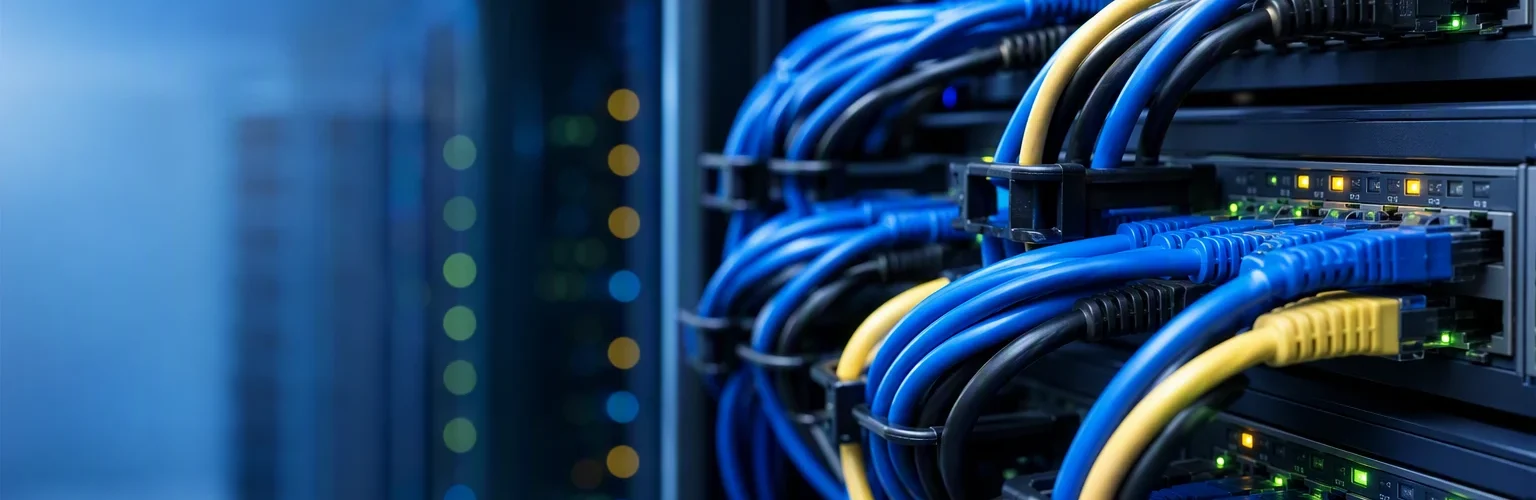 Sunucu odasinda patch panele baglanmis renkli ethernet kablolari ve yesil isik gostergeleri, DNS ag altyapisi metaforu