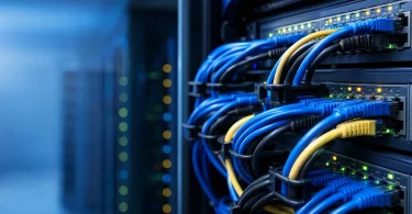 Sunucu odasinda patch panele baglanmis renkli ethernet kablolari ve yesil isik gostergeleri, DNS ag altyapisi metaforu