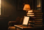 Sicak lambali okuma koltugu kosesinde eski kitap yiginlari ve e-okuyucu tablet