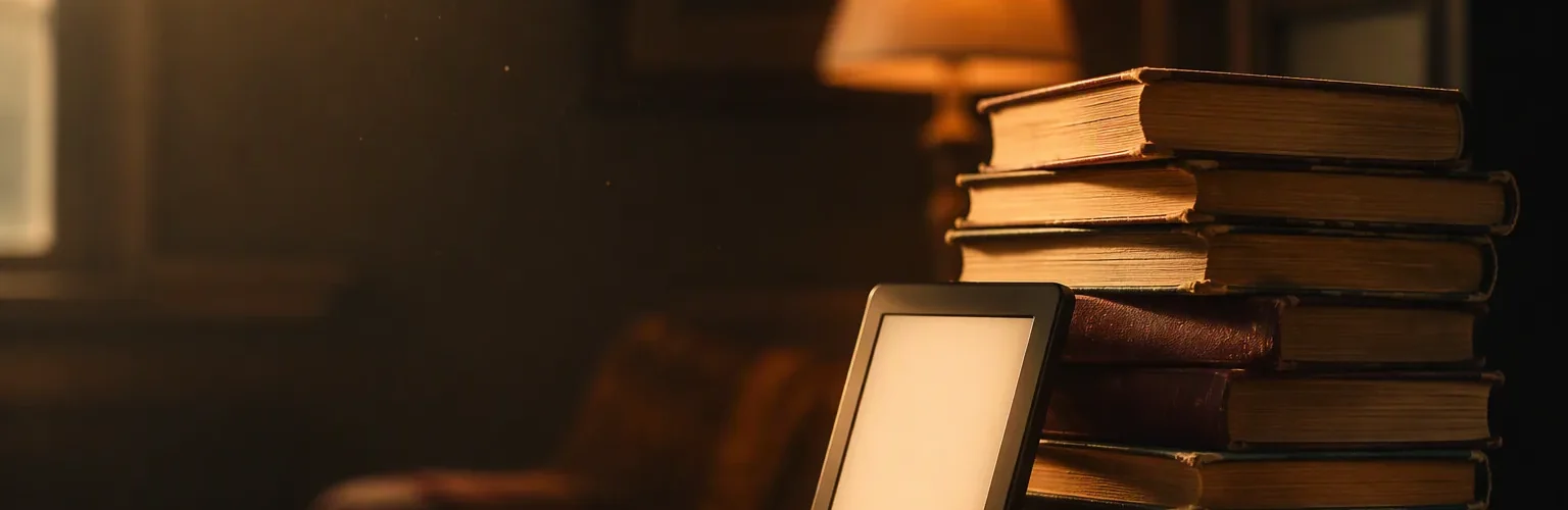 Sicak lambali okuma koltugu kosesinde eski kitap yiginlari ve e-okuyucu tablet