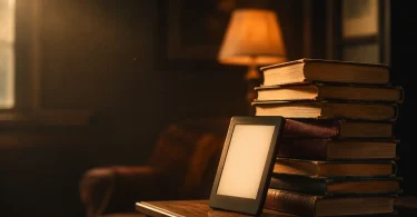 Sicak lambali okuma koltugu kosesinde eski kitap yiginlari ve e-okuyucu tablet