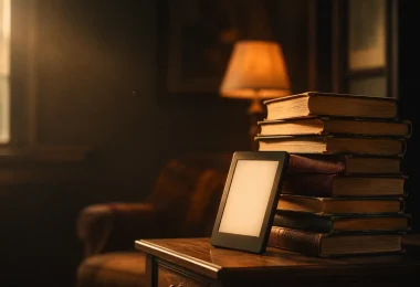 Sicak lambali okuma koltugu kosesinde eski kitap yiginlari ve e-okuyucu tablet