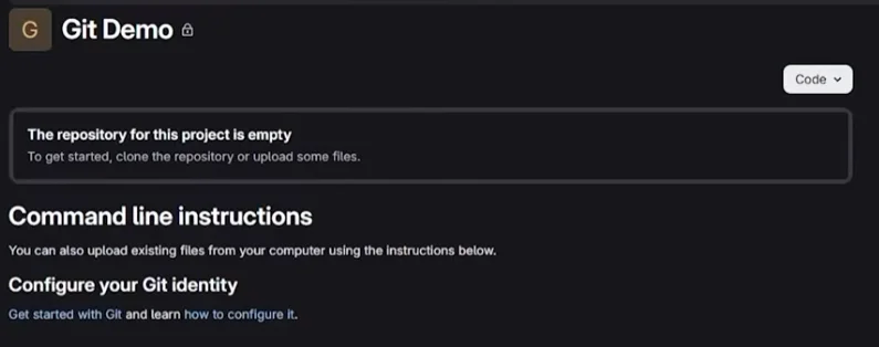 GitLab'da yeni oluşturulmuş boş bir repo ekranı ve komut satırı talimatları