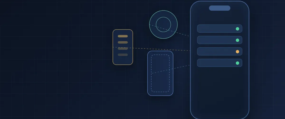 iPhone parça değişim kontrolünü simgeleyen soyut telefon ve parça şeması