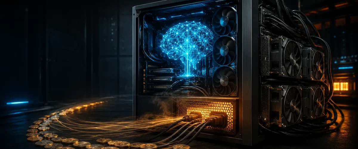 Yapay zeka beyni hologramıyla gösterilen çok GPU'lu bir bilgisayar kasası, önünde kripto parayı andıran altın renkli madeni paralar