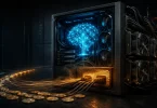 Yapay zeka beyni hologramıyla gösterilen çok GPU'lu bir bilgisayar kasası, önünde kripto parayı andıran altın renkli madeni paralar