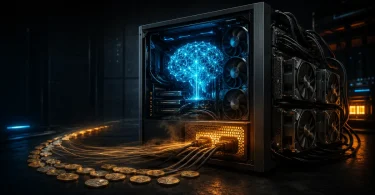Yapay zeka beyni hologramıyla gösterilen çok GPU'lu bir bilgisayar kasası, önünde kripto parayı andıran altın renkli madeni paralar