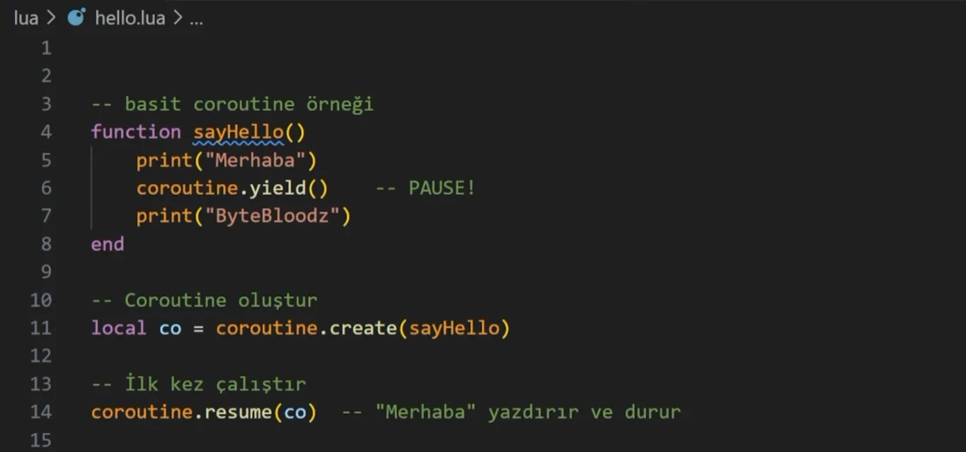 Lua'da coroutine.create, coroutine.yield ve coroutine.resume kullanımını gösteren kod ekran görüntüsü