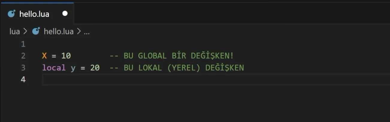 Lua'da global ve local değişken tanımlamasını gösteren hello.lua kod ekran görüntüsü