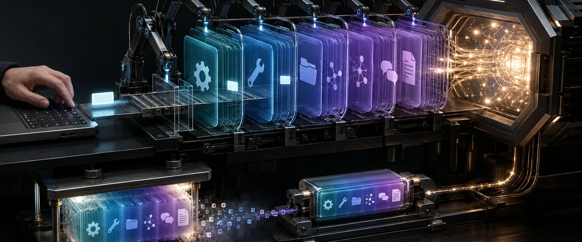 Yapay zeka asistanının context penceresini dolduran token akışını temsil eden robotik üretim bandı görseli