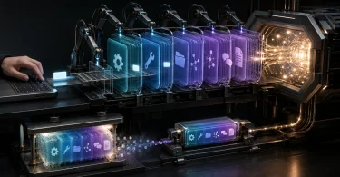 Yapay zeka asistanının context penceresini dolduran token akışını temsil eden robotik üretim bandı görseli