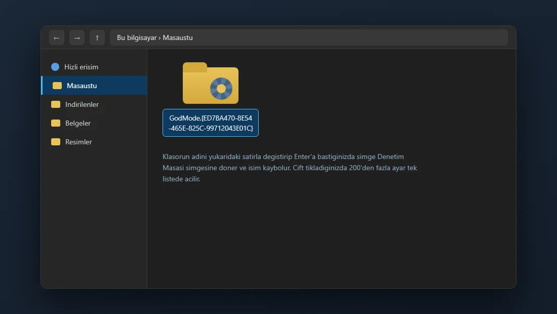 Windows masaüstünde GodMode klasörünün yeniden adlandırılması