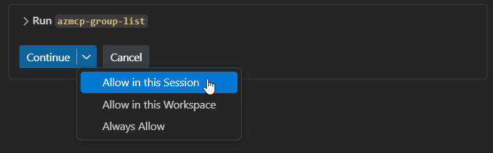 Azure MCP komutunu çalıştırmadan önce Visual Studio Code'un sunduğu oturum ve çalışma alanı onayları