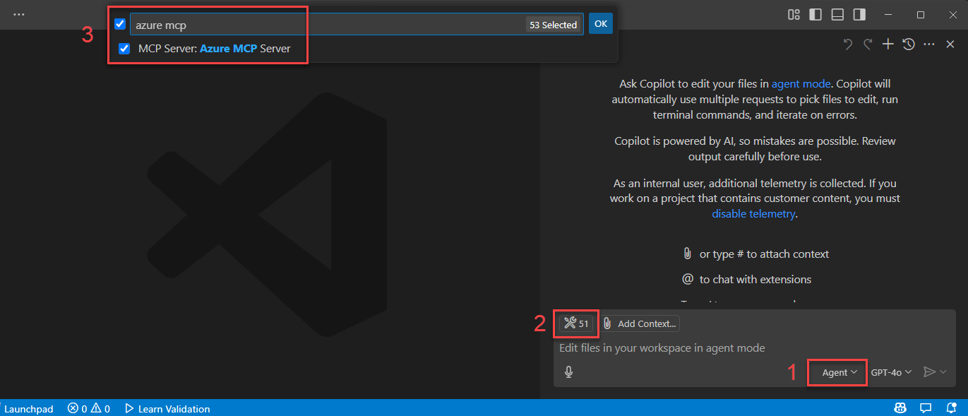 Visual Studio Code araç seçicisinde Azure MCP Server araçlarının etkinleştirilmesi