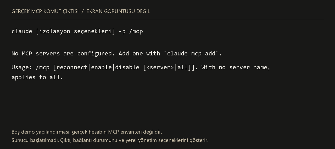 Claude Code /mcp komutunun boş demo bağlantı durumu ile reconnect, enable ve disable seçenekleri