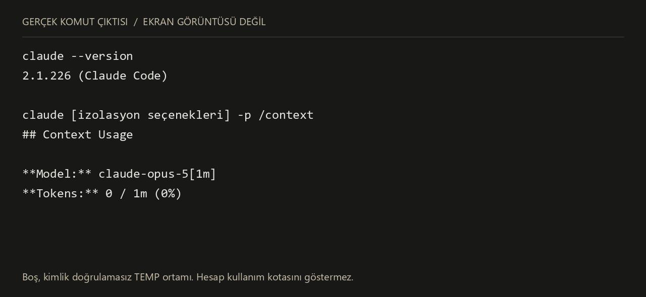 Claude Code 2.1.226 sürüm ve context komutlarının izole boş ortamda alınmış gerçek çıktısı