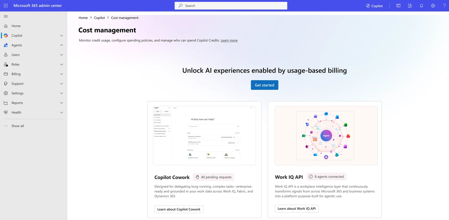 Microsoft 365 admin center Copilot Cost management başlangıç ekranı
