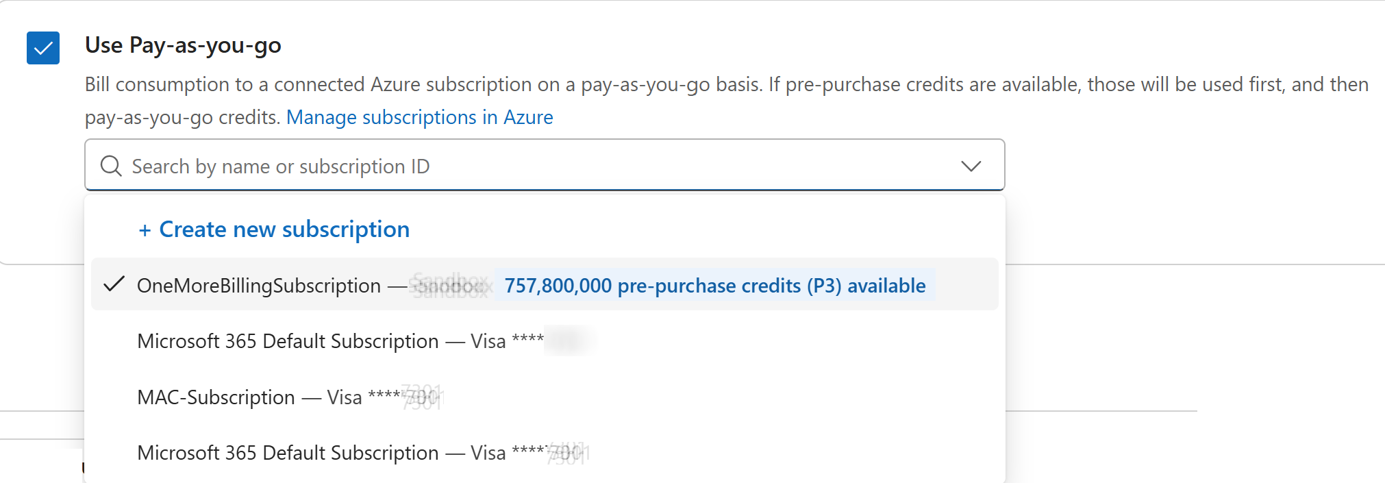 Copilot Credits için Pay-as-you-go seçeneği ve bağlanacak Azure aboneliklerinin listesi
