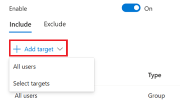 Entra passkey politikasında Add target menüsü, All users ve Select targets seçenekleri