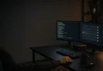 Gece karanlık bir geliştirici masasında AI ajanının art arda araç çağırdığı koyu temalı terminal ile adımların durumunu yeşil ve kırmızı noktalarla gösteren ikinci monitör