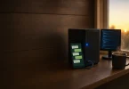 Ev ofisinde rafta duran mini Windows sunucu, yanında WhatsApp sohbeti açık telefon ve terminal ekranı