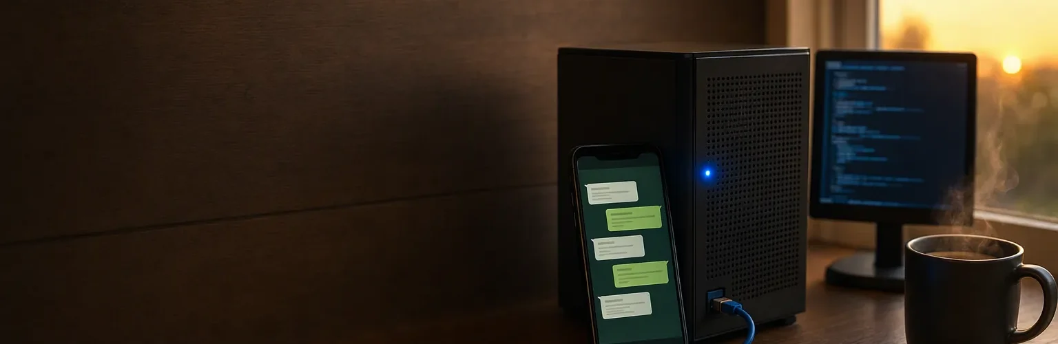 Ev ofisinde rafta duran mini Windows sunucu, yanında WhatsApp sohbeti açık telefon ve terminal ekranı