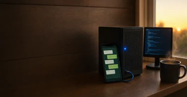 Ev ofisinde rafta duran mini Windows sunucu, yanında WhatsApp sohbeti açık telefon ve terminal ekranı