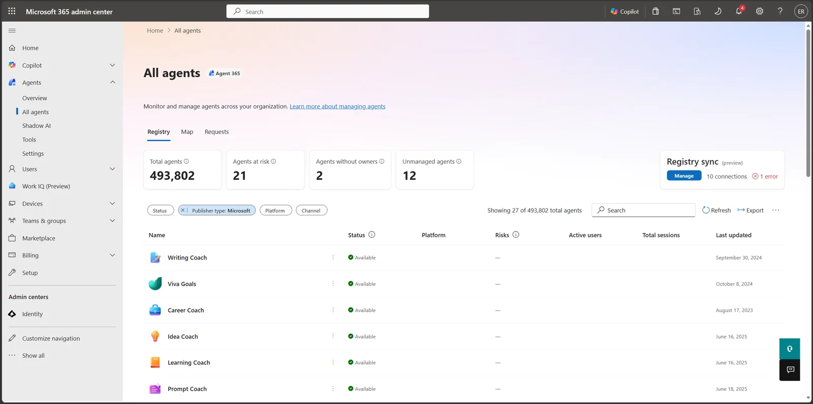 Microsoft 365 admin center içinde Agent 365 ile gelen All agents kayıt ekranı ve ajan sayaçları