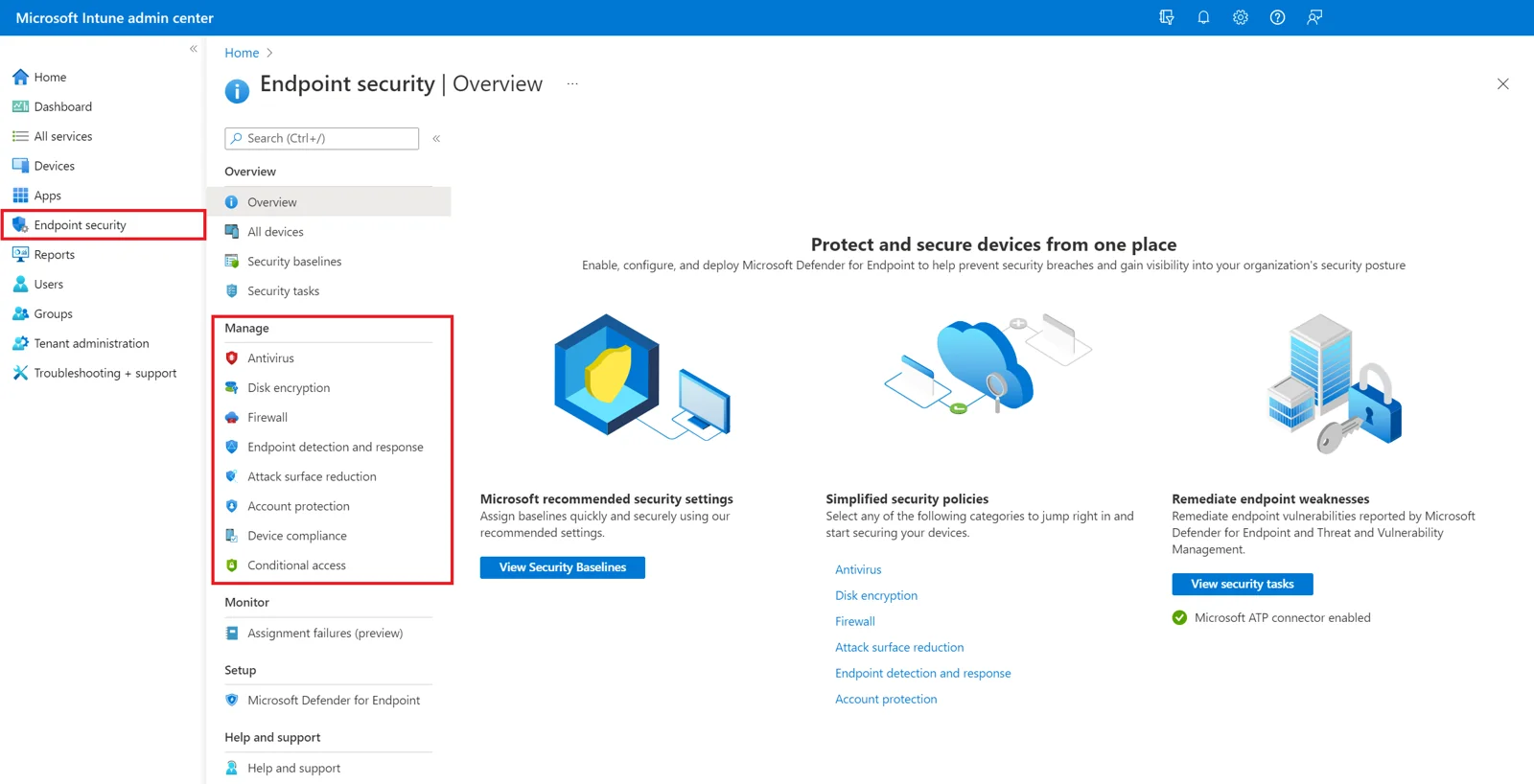 Microsoft Intune yönetim merkezinde Endpoint security menüsü ve güvenlik politikaları