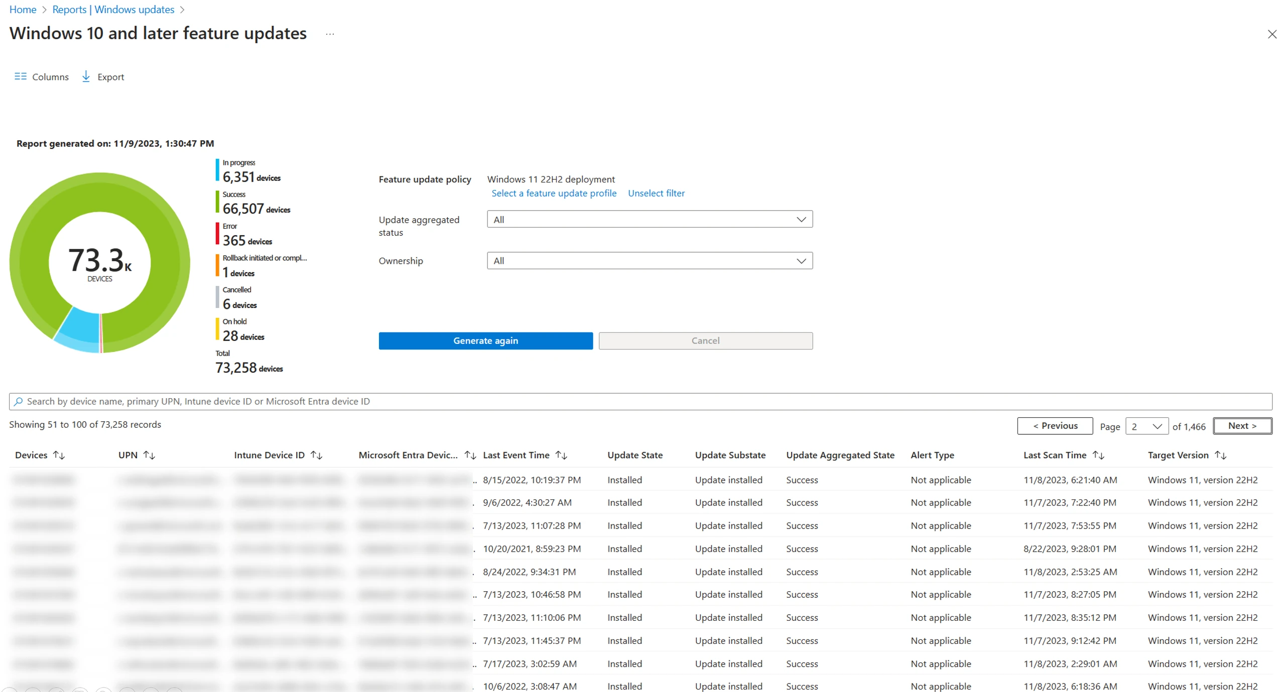 Microsoft Intune feature update raporunda hedef sürüm, kurulum durumları ve cihaz bazındaki sonuçlar