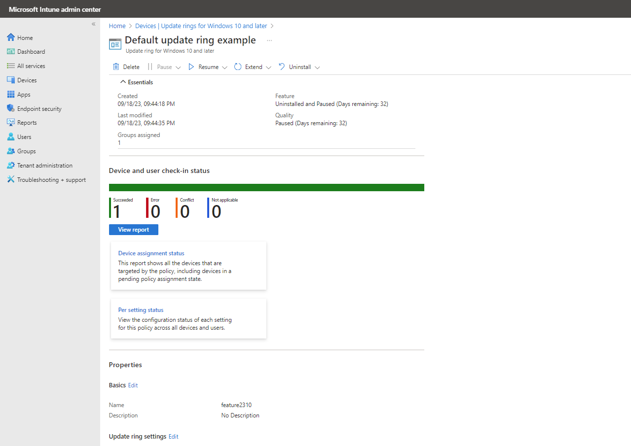 Microsoft Intune Update ring ekranında feature ve quality pause durumları ile cihaz check-in sonucu
