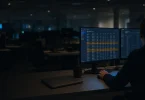 Akşam boş ofiste BT yöneticisinin ekranında riskli satırları işaretlenmiş AI ajan envanteri ve yan monitörde Defender konsolu