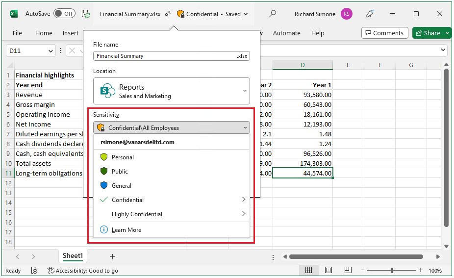 Excel çalışma kitabında Microsoft Purview duyarlılık etiketini seçmek için açılan menü