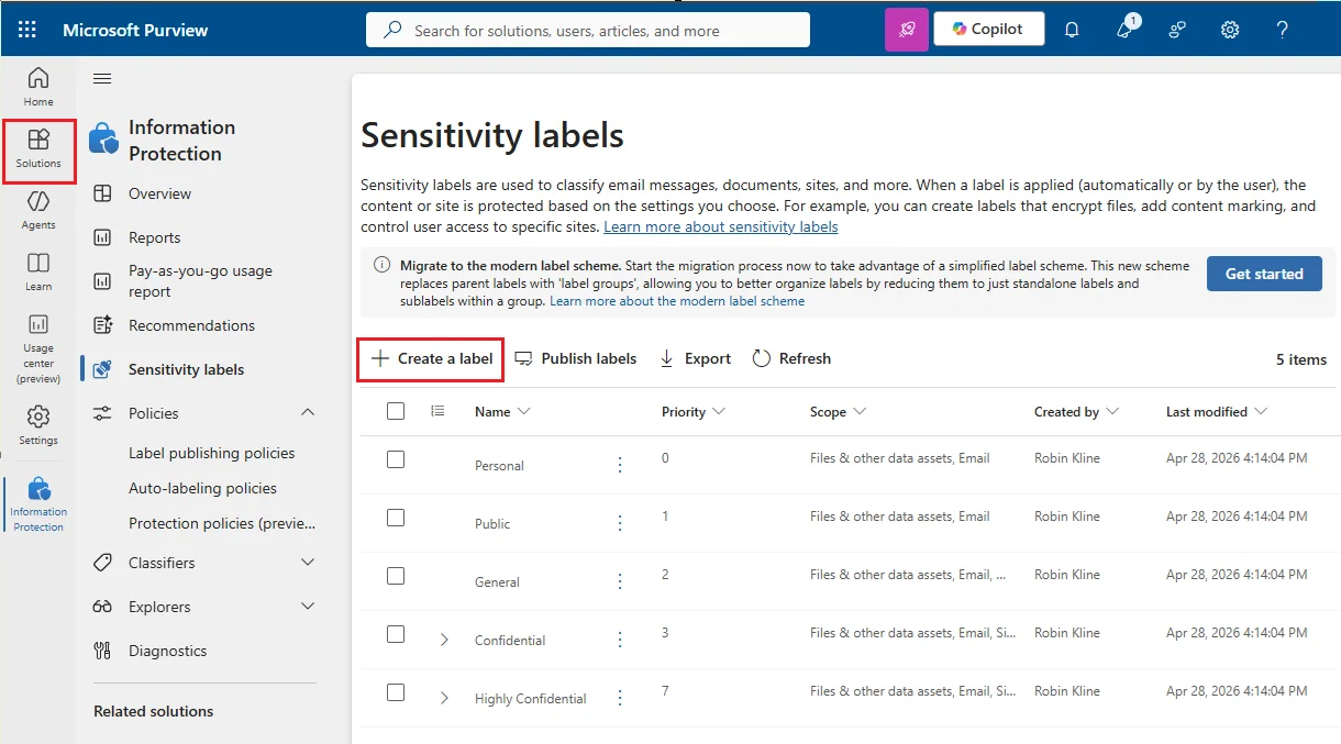 Microsoft Purview portalında Public, General ve Confidential duyarlılık etiketlerinin listesi